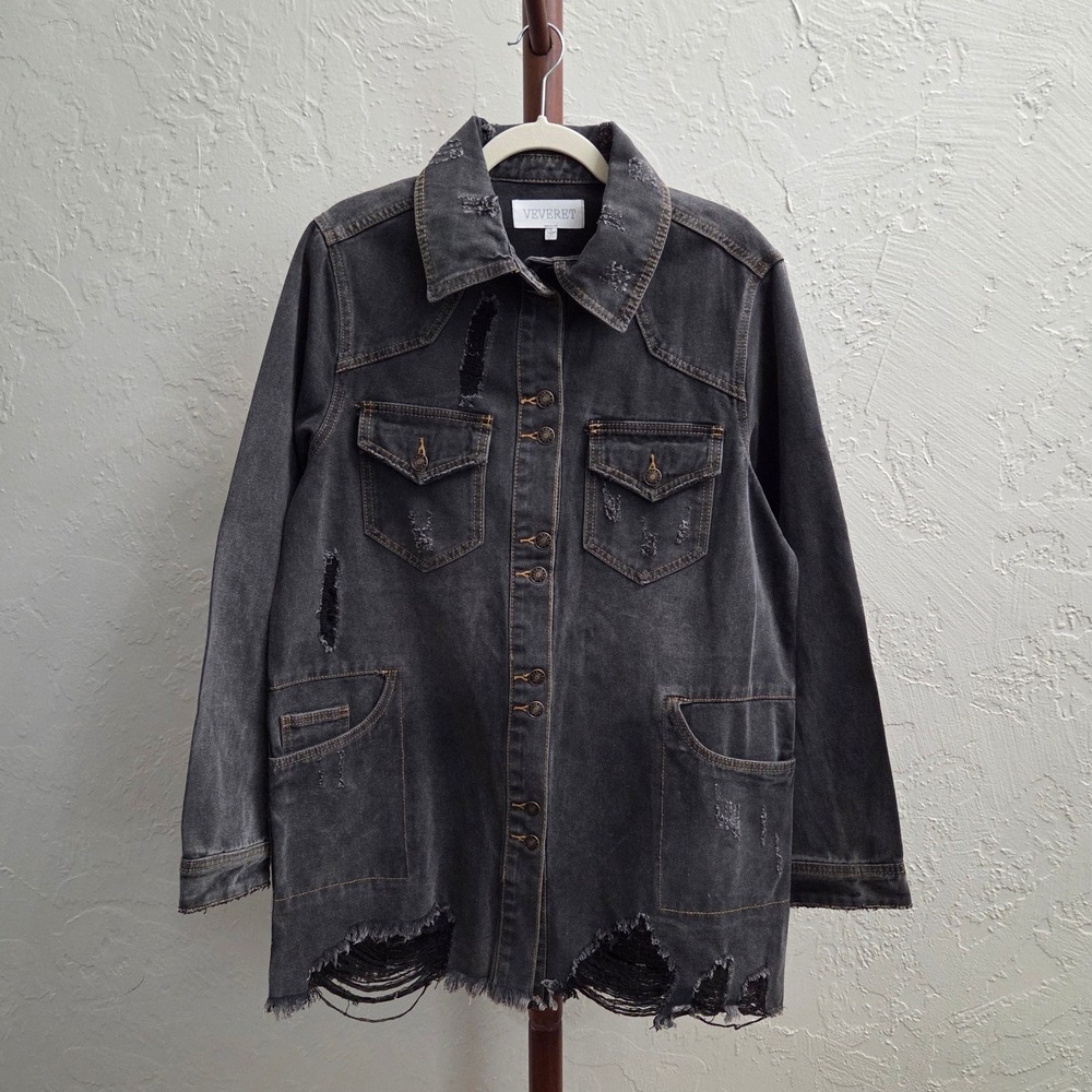 J197. Distressed Acid Wash Black Denim Longline‎ Jacket